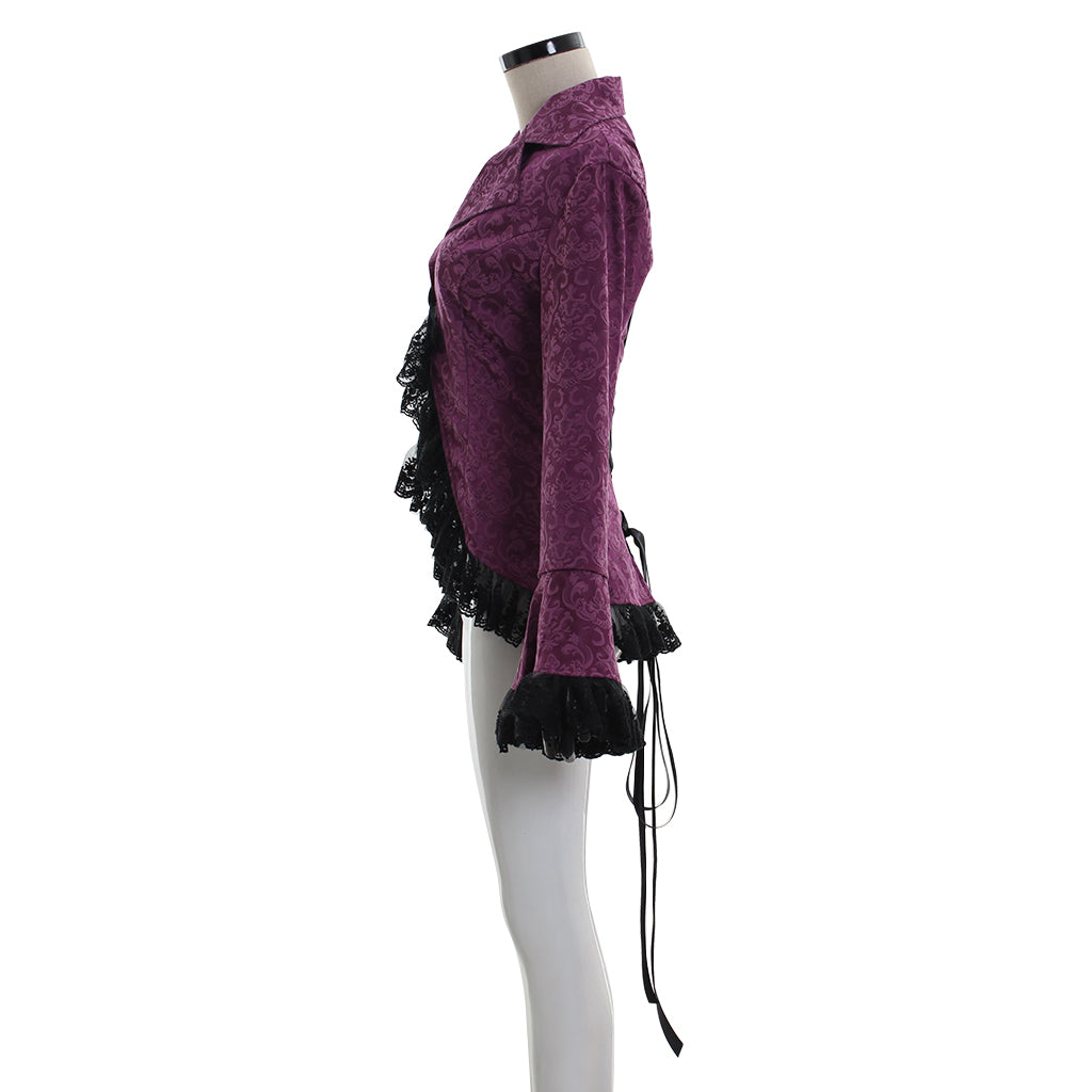 Medieval Gothic Purple Brocade Jacket Flared Sleeves with Black Lace Trim Renaissance Vintage Cosplay Costume Coat
