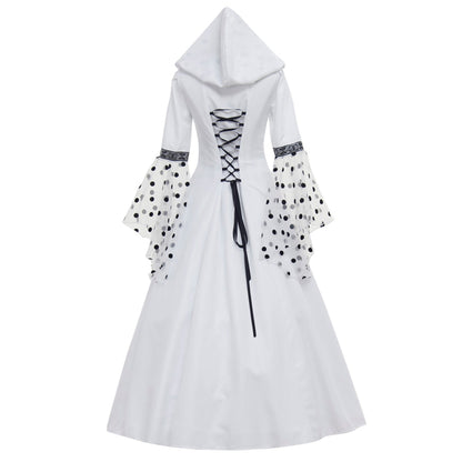 Medieval Women Victorian Renaissance Cosplay Costume Gothic Steampunk Hooded Square Neck Polka Dot Flared Sleeve Corset Style White Black Gown Adult Ladies Halloween Christmas Dress