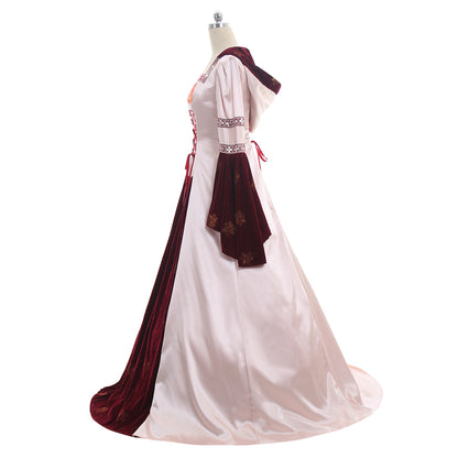 Medieval Women Viking Pink And Burgundy Cosplay Costume Adult Renaissance Ancient Gown With Lace Up Norse Gothic Ladies Halloween Christmas Dress