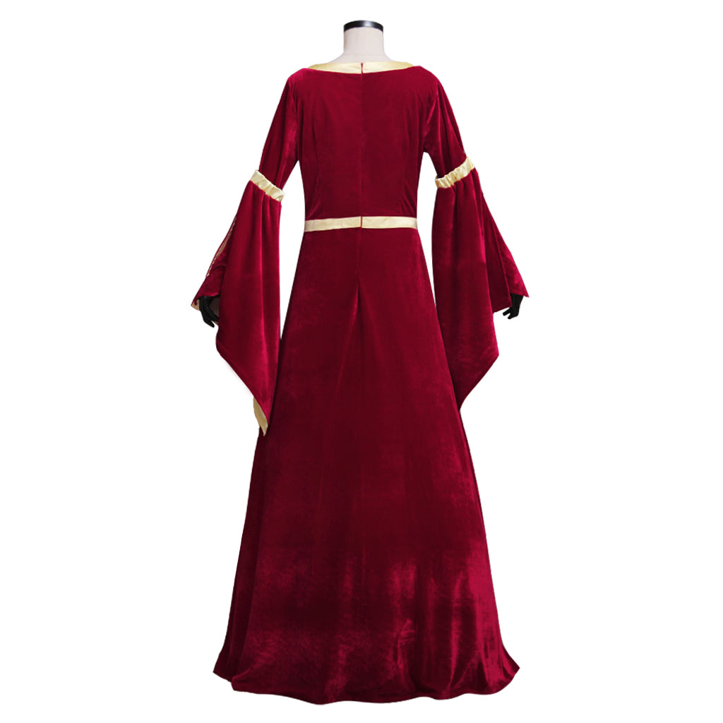 Medieval Women Renaissance Victorian Cosplay Costume Flared Long Sleeve Cream Trimmed Color Block Red Cream Gown Adult Ladies Halloween Christmas Dress