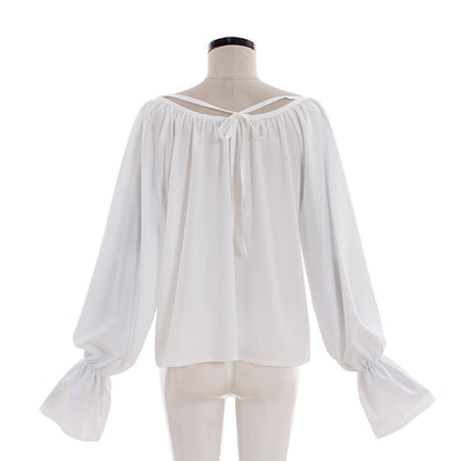Medieval Renaissance White Off  Shoulder Tie  Front Blouse with Balloon Sleeves  Vintage Cosplay Costume Top