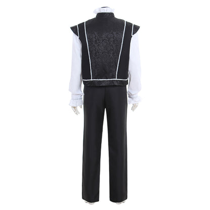 Medieval Men's Black Vest with Silver Trim and White Shirt Costume for Cosplay Themed Events Halloween Christmas or Themed Parties