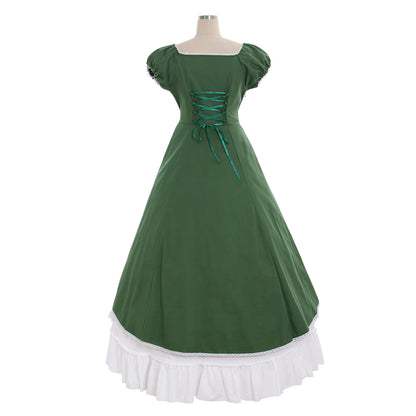 Medieval Women Renaissance Green And White Cosplay Costume Adult Vintage Court Bow Tie Puff Sleeve Square Neck Maxi Dress Ladies Halloween Christmas