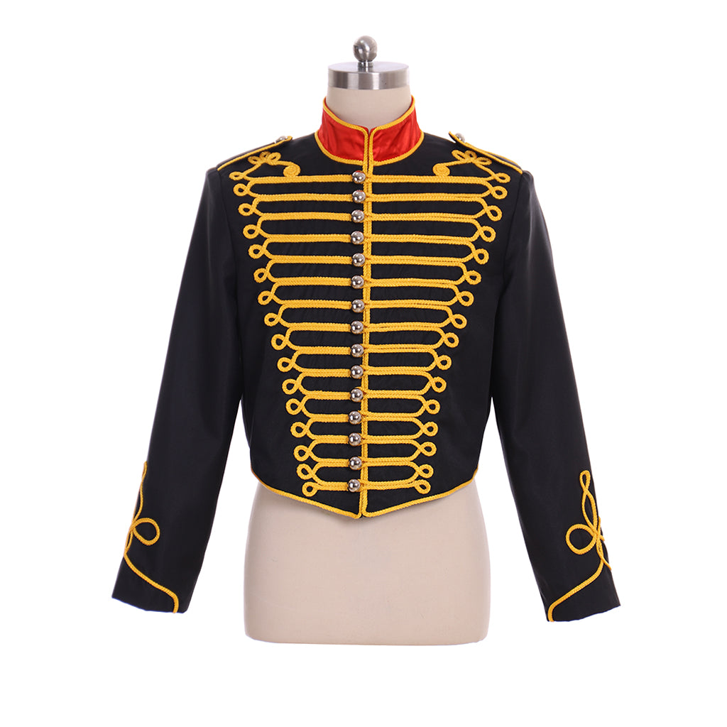 Military Inspired Men's Black Jacket with Gold Trim and Red Sash for Cosplay or Themed Events Halloween Christmas or Themed Parties