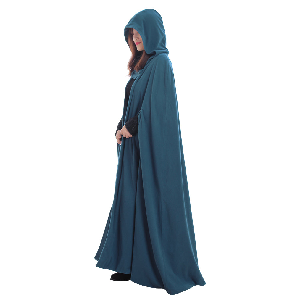 Medieval-Inspired Teal Hooded Full-Length Cloak with Button Closure Gothic Ladies Halloween Party Outerwear
