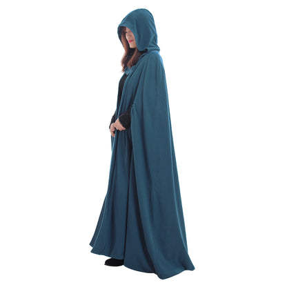 Medieval-Inspired Teal Hooded Full-Length Cloak with Button Closure Gothic Ladies Halloween Party Outerwear