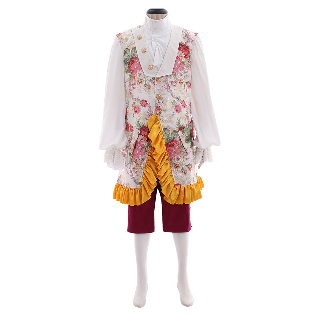 Men's Renaissance Burgundy Frock Coat with Floral Embroidered Cuffs, Yellow Accents and Black Cravat Paired with Breeches for Cosplay or Themed Events Halloween Christmas or Themed Parties