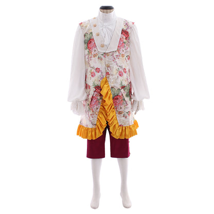 Men's Renaissance Burgundy Frock Coat with Floral Embroidered Cuffs, Yellow Accents and Black Cravat Paired with Breeches for Cosplay or Themed Events Halloween Christmas or Themed Parties