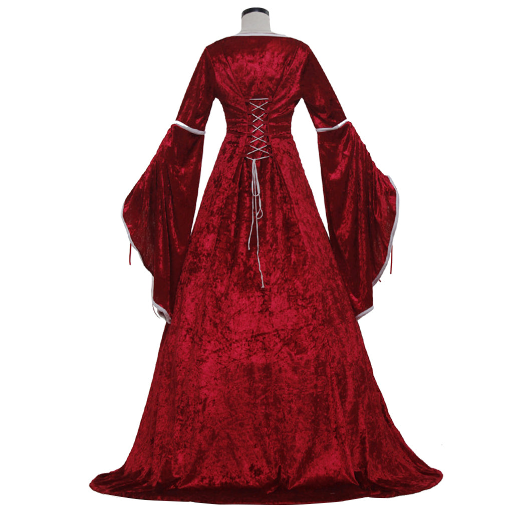 Medieval Renaissance Cosplay Costume Long Flared Sleeve Corset Style Red Silver Gown Adult Ladies Halloween Renaissance Festival Dress