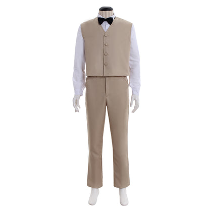 Medieval Men's Beige Three Piece Suit with Black Bow Tie Costume for Cosplay Themed Events Halloween Christmas or Themed Parties