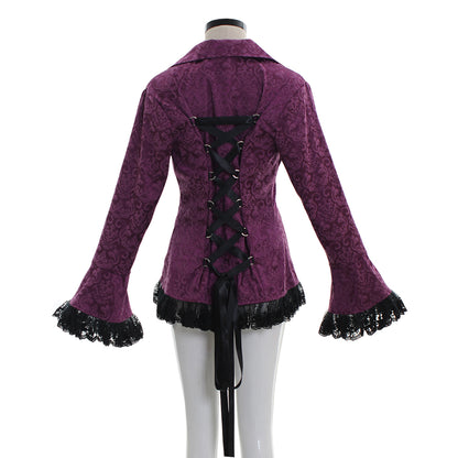 Medieval Gothic Purple Brocade Jacket Flared Sleeves with Black Lace Trim Renaissance Vintage Cosplay Costume Coat