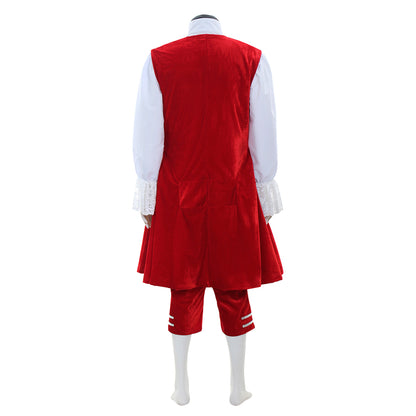 Medieval Men's Red Coat with White Ruffles and Red Breeches Costume for Cosplay Themed Events Halloween Christmas or Themed Parties