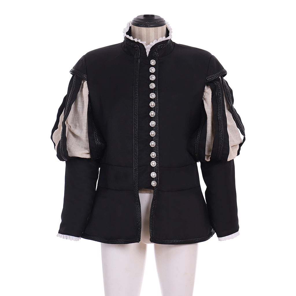 Men's Renaissance Black Coat with Asymmetric Cloak and Silver Buttons for Cosplay or Themed Events Halloween Christmas or Themed Parties