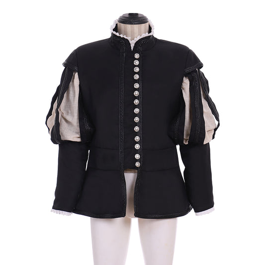 Men's Renaissance Black Coat with Asymmetric Cloak and Silver Buttons for Cosplay or Themed Events Halloween Christmas or Themed Parties
