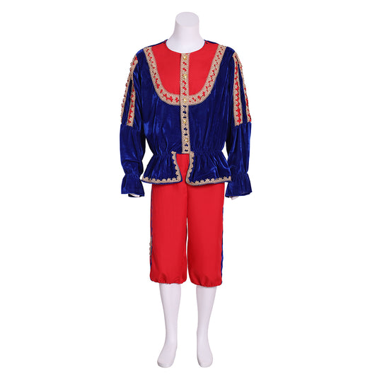 Men's Renaissance Colorful Doublet with Gold Trim, Red Breeches and Ruffled Shirt for Cosplay or Themed Events Halloween Christmas or Themed Parties