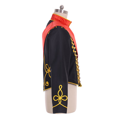 Military Inspired Men's Black Jacket with Gold Trim and Red Sash for Cosplay or Themed Events Halloween Christmas or Themed Parties