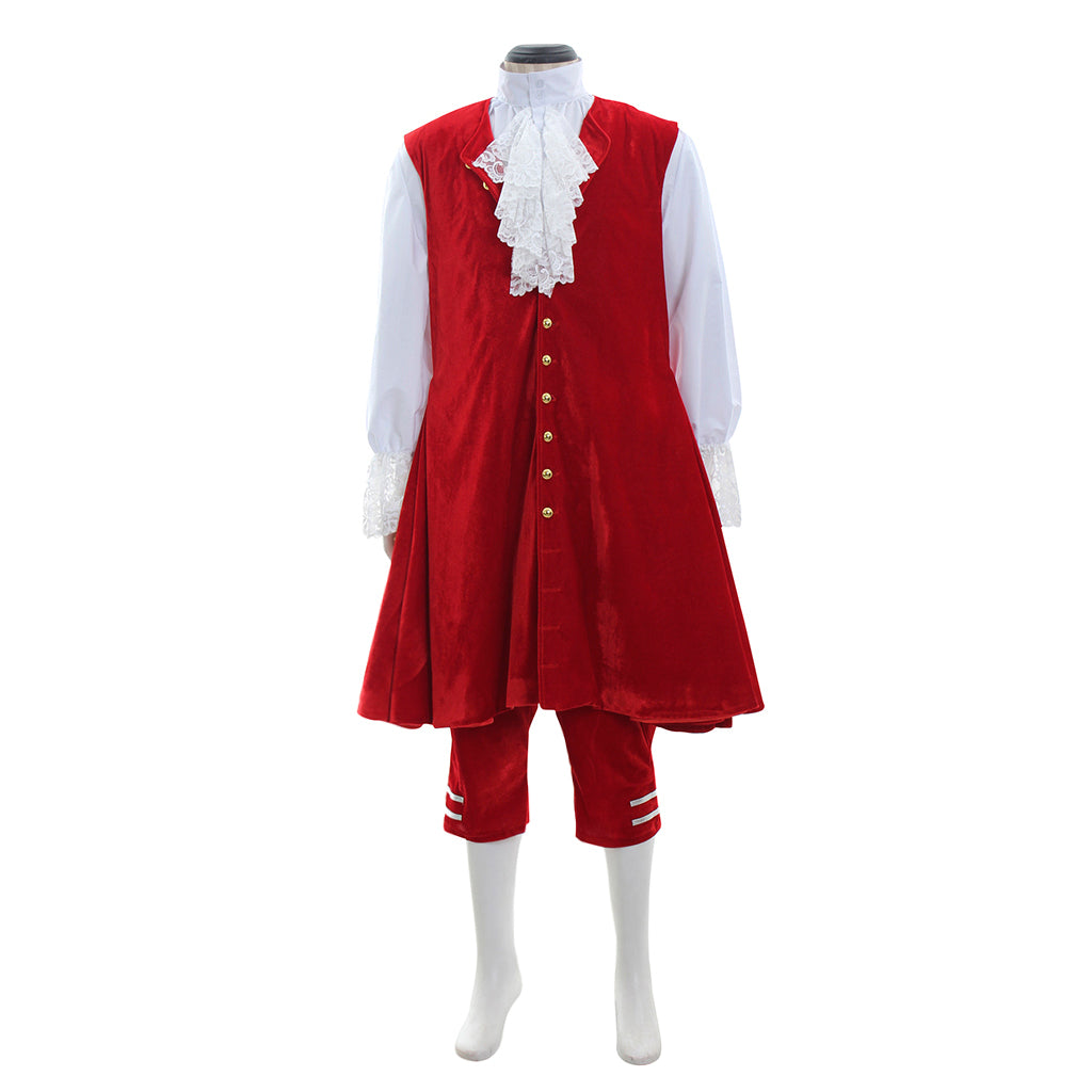 Medieval Men's Red Coat with White Ruffles and Red Breeches Costume for Cosplay Themed Events Halloween Christmas or Themed Parties