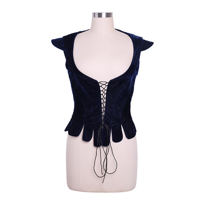 Medieval Lady's Waistcoat Renaissance VestGothic Navy Blue Velvet Corset Women Adult Renaissance Lace Up Bustier Top Cosplay Costume Ladies Halloween Christmas Outfit