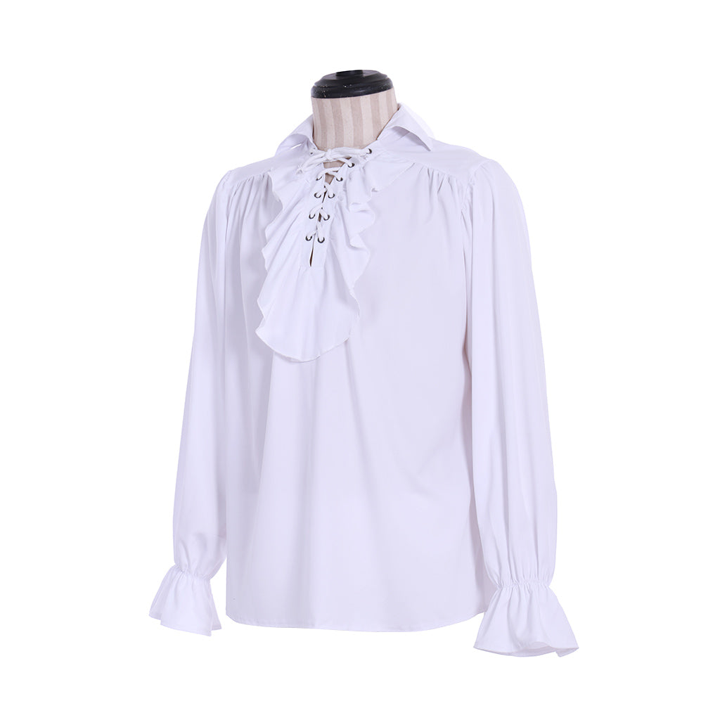 Medieval Men's White Long  Sleeve Shirt with Ruffled Lace  up Neckline and Flared Cuffs for Cosplay Themed Events Halloween Christmas or Parties