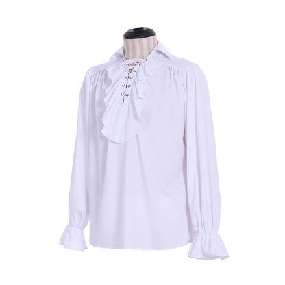 Medieval Men's White Long  Sleeve Shirt with Ruffled Lace  up Neckline and Flared Cuffs for Cosplay Themed Events Halloween Christmas or Parties