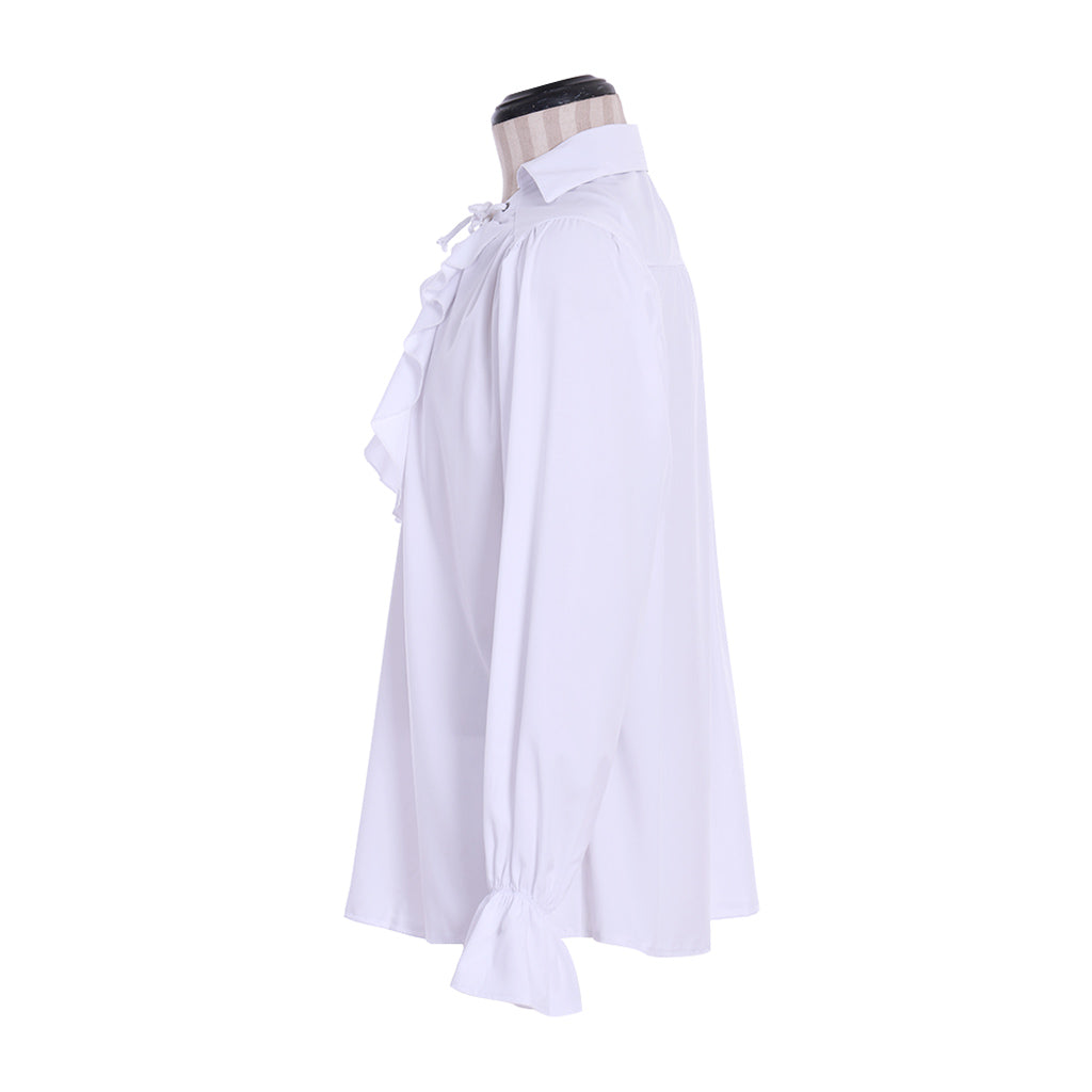 Medieval Men's White Long  Sleeve Shirt with Ruffled Lace  up Neckline and Flared Cuffs for Cosplay Themed Events Halloween Christmas or Parties