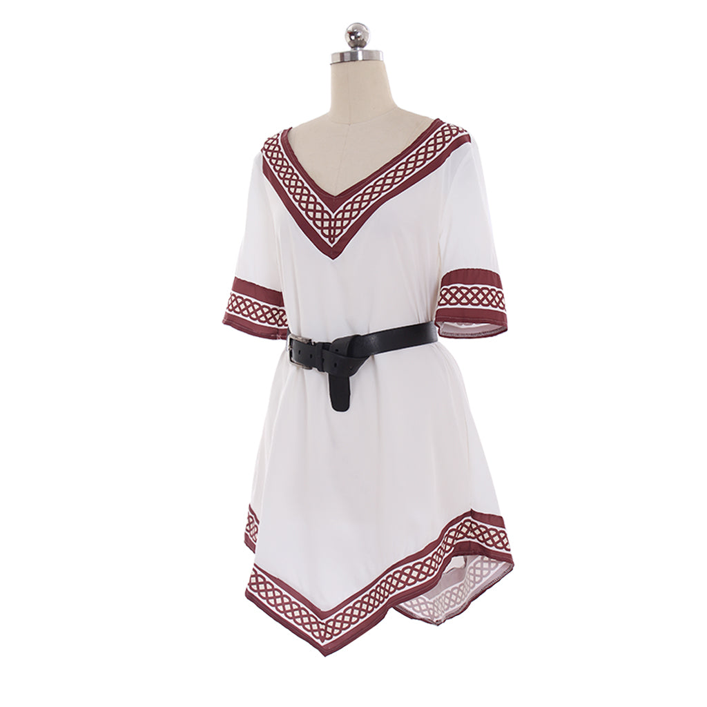 Medieval Women Viking White Cosplay  Costume Adult Renaisssance Ancient Tunic With Belt Norse Gothic Ladies Halloween  Charistams V-Neck Dress
