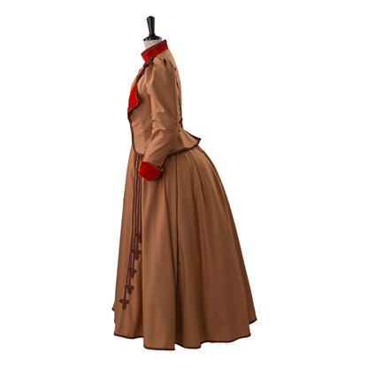 Medieval Style Brown Gown with Red Trimmed Collar Cuffs for Historical Reenactments Cosplay Events Halloween Christmas