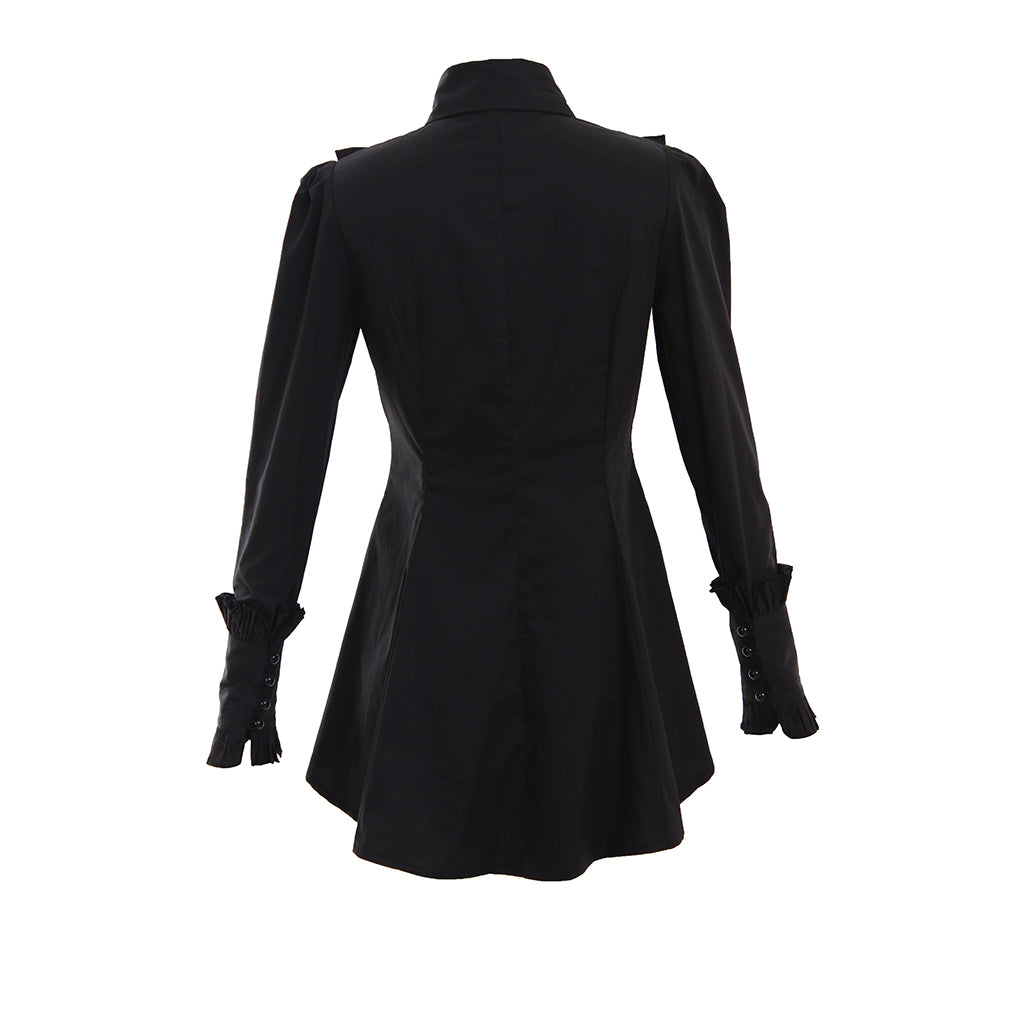Medieval Gothic Women Black Ruffled Collared Long Sleeve Asymmetrical Hem Tunic Top Cosplay Costume