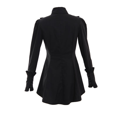 Medieval Gothic Women Black Ruffled Collared Long Sleeve Asymmetrical Hem Tunic Top Cosplay Costume