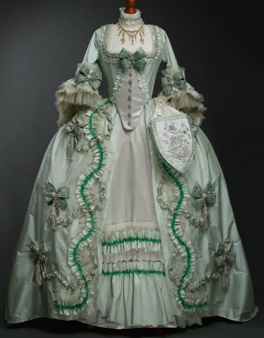 Rococo Style Light Green Satin Gown with White Accents, Green Trim and Bow Embellishments for Halloween Christmas