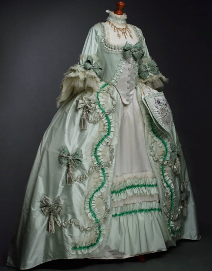 Rococo Style Light Green Satin Gown with White Accents, Green Trim and Bow Embellishments for Halloween Christmas