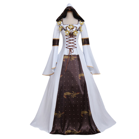 Medieval Women Victorian Renaissance Cosplay Costume Gothic Steampunk Square Neck Flared Sleeve Corset Style Patterned Brown White Gown Adult Ladies Halloween Christmas Dress