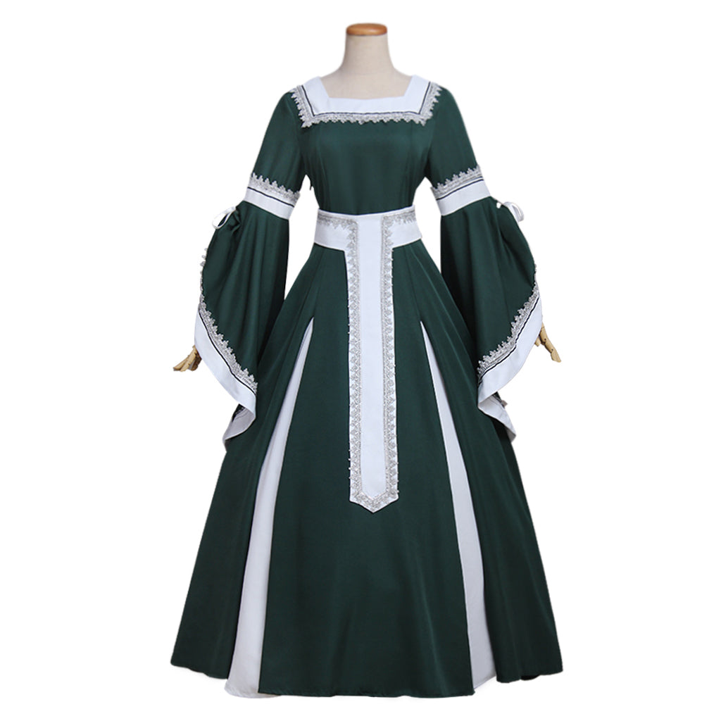 Medieval Women Renaissance Victorian Cosplay Costume Flared Long Sleeve White Trimmed Color Block Dark Green White Gown Adult Ladies Halloween Christmas Dress