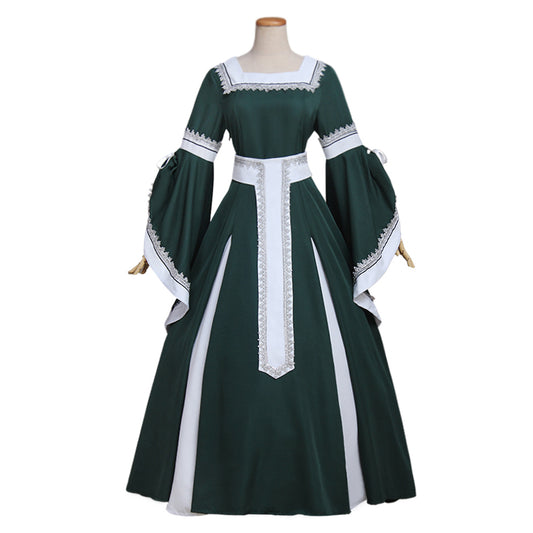 Medieval Women Renaissance Victorian Cosplay Costume Flared Long Sleeve White Trimmed Color Block Dark Green White Gown Adult Ladies Halloween Christmas Dress