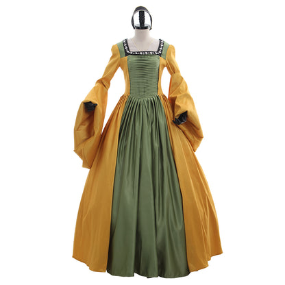 Tudor Dynasty Medieval Court Dress Renaissance Inspired Gown Halloween Fancy Outfits Party Costume Prom Outfit Green Gold-Embroidered Square Neckline Puff Sleeve Women's Halloween Carnival Valentine's Day Masquerade Adults' Dress All