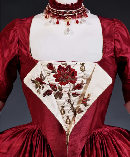 Rococo Style Red Satin Gown with ELayered Overskirt for Historical Reenactments Royal Court Halloween Christmas