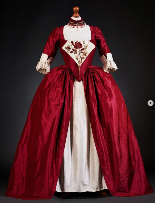 Rococo Style Red Satin Gown with ELayered Overskirt for Historical Reenactments Royal Court Halloween Christmas