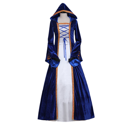 Medieval Vintage Regency Dress Hooded Blue White Gown Medieval Cosplay Costume Long Sleeve With Lace up Renaissance Gown Women Cosplay Costume Adult Ladies Halloween Christmas Dress