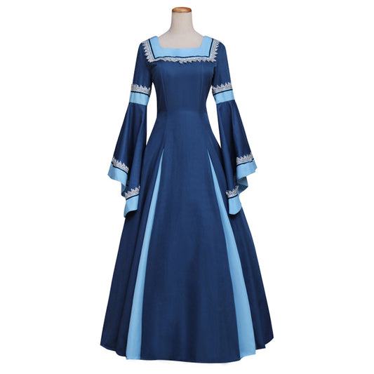 Medieval Vintage Regency Dress Square Neck Navy Blue Light Blue Gown Medieval Cosplay Costume Long Sleeve With Trim Renaissance Gown Women Cosplay Costume Adult Ladies Halloween Christmas Dress