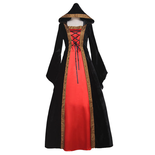 Medieval Vintage Regency Dress Hooded Black Red Gown Viking Cosplay  Costume  Long Sleeve With Lace - up Renaissance Gown Women Cosplay Costume Adult Ladies Halloween Christmas Dress