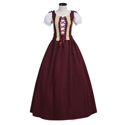 Medieval Renaissance Cosplay Costume Short Sleeve Corset Style Burgundy Gown Adult Ladies Halloween Renaissance Festival Dress