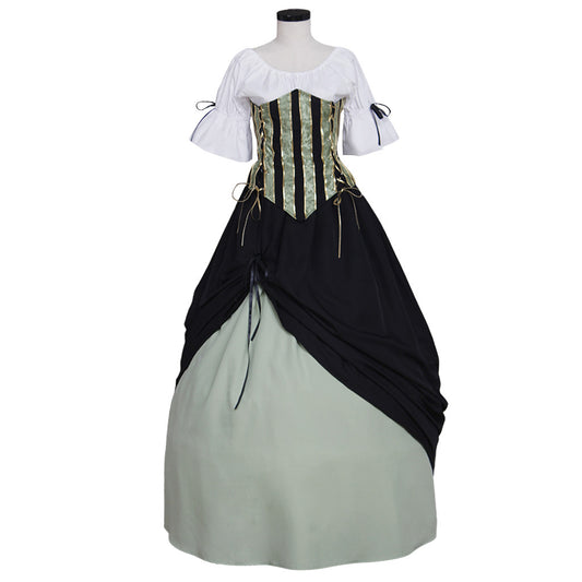 Medieval Women Renaissance Victorian Cosplay Costume Short Sleeve Striped Corset Color - Block Black Green Gown Adult Ladies Halloween Christmas Dress
