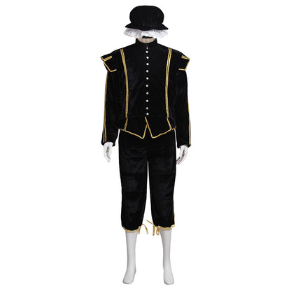 Medieval Men's Black Coat with Gold Trim, White Collar and Black Breeches with Hat Costume for Cosplay Themed Events Halloween Christmas or Themed Parties