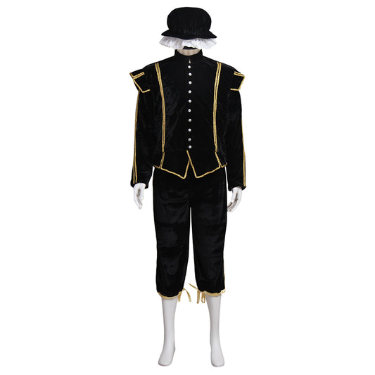 Medieval Men's Black Coat with Gold Trim, White Collar and Black Breeches with Hat Costume for Cosplay Themed Events Halloween Christmas or Themed Parties