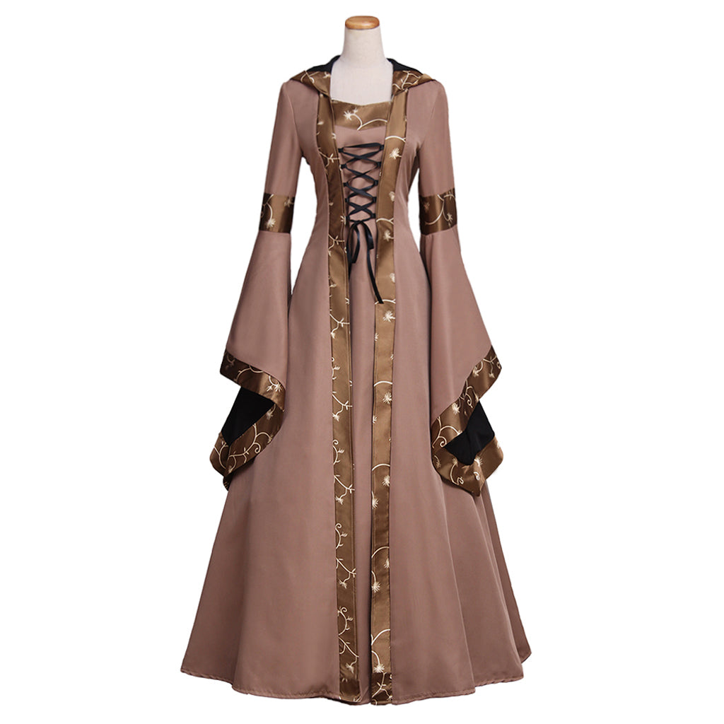 Medieval Women Renaissance Brown Cosplay Costume Adult Ancient Gown With Lace - Up Bell Sleeves Norse Gothic Ladies Halloween Christmas Dress