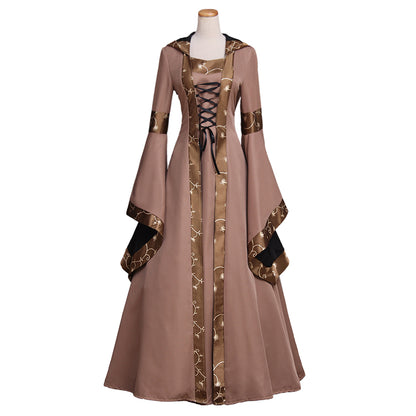 Medieval Women Renaissance Brown Cosplay Costume Adult Ancient Gown With Lace - Up Bell Sleeves Norse Gothic Ladies Halloween Christmas Dress