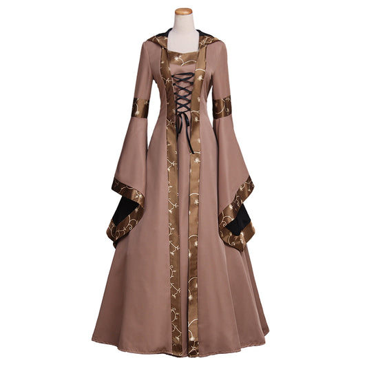Medieval Women Renaissance Brown Cosplay Costume Adult Ancient Gown With Lace - Up Bell Sleeves Norse Gothic Ladies Halloween Christmas Dress
