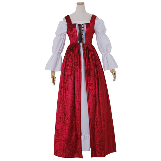 Medieval Renaissance Women's Red and White Cosplay Dress with Square Neck, Puff Sleeves, Button Front and Contrast Trim Gothic Ladies Halloween Party Outerwear