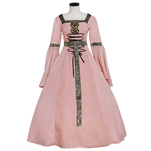 Medieval Women Renaissance Victorian Cosplay Costume Long Sleeve Embroidered Tie Waist Pink Gown Adult Ladies Halloween Christmas Dress