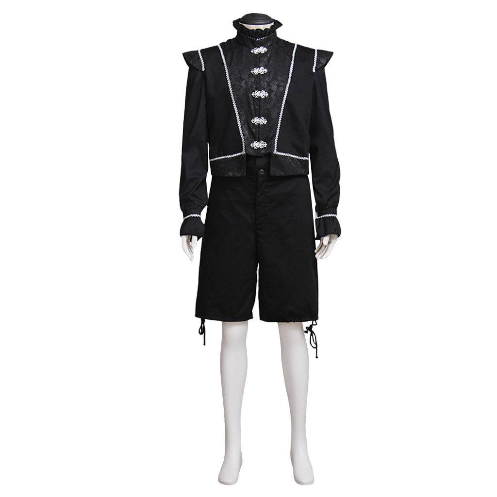 Medieval Men's Black Embellished Jacket with Silver Accents and Black Breeches Costume for Cosplay Renaissance Halloween Themed Events